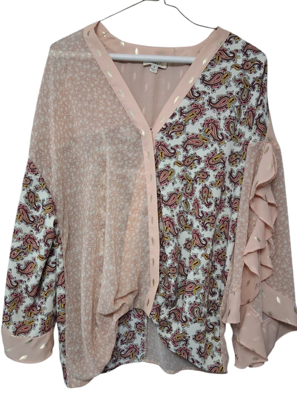 Umgee Pink Sheet Paisley Mixed-Print V-Neck Blouse Med